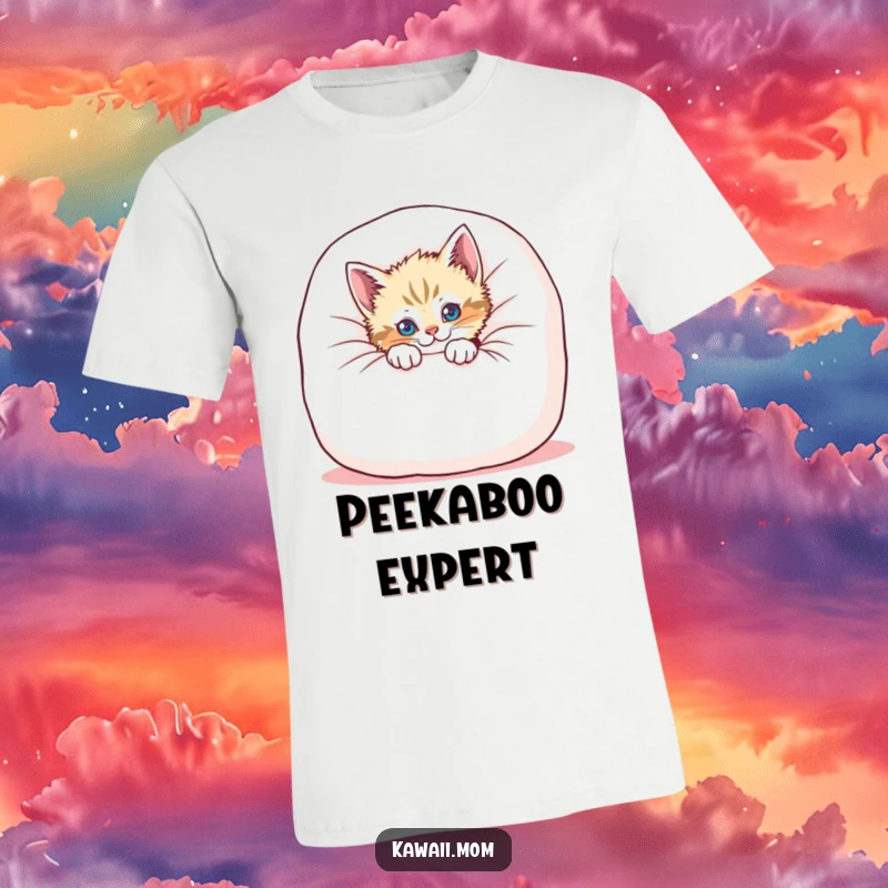 Funny kitten t-shirt with a playful cat peeking from behind a large, soft cushion, highlighting mischievous charm.