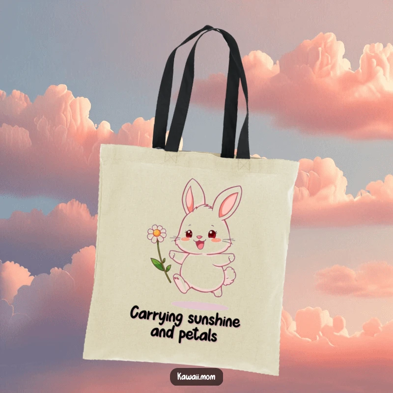 Funny bunny tote bag featuring a fluffy character excitedly hopping with a flower, perfect for stylish, humorous shopping.