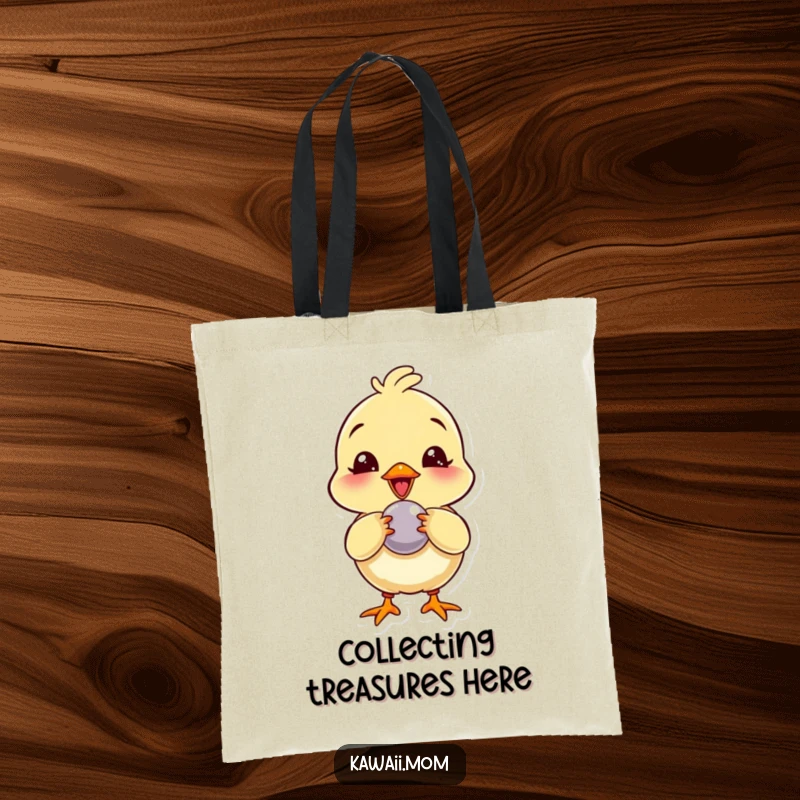 Funny Tote Bag: A giggling chick character playfully pecking at a shiny button, a joyful and practical accessory.