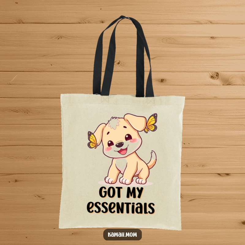 Funny puppy with wagging tail joyfully chasing a butterfly on this durable tote bag, a humorous and practical gift.