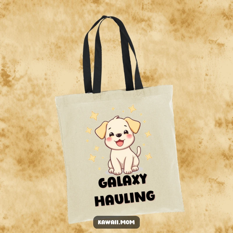 Funny puppy tote bag with a happy dog wagging its tail among sparkling stars, perfect for humorous and stylish shopping.