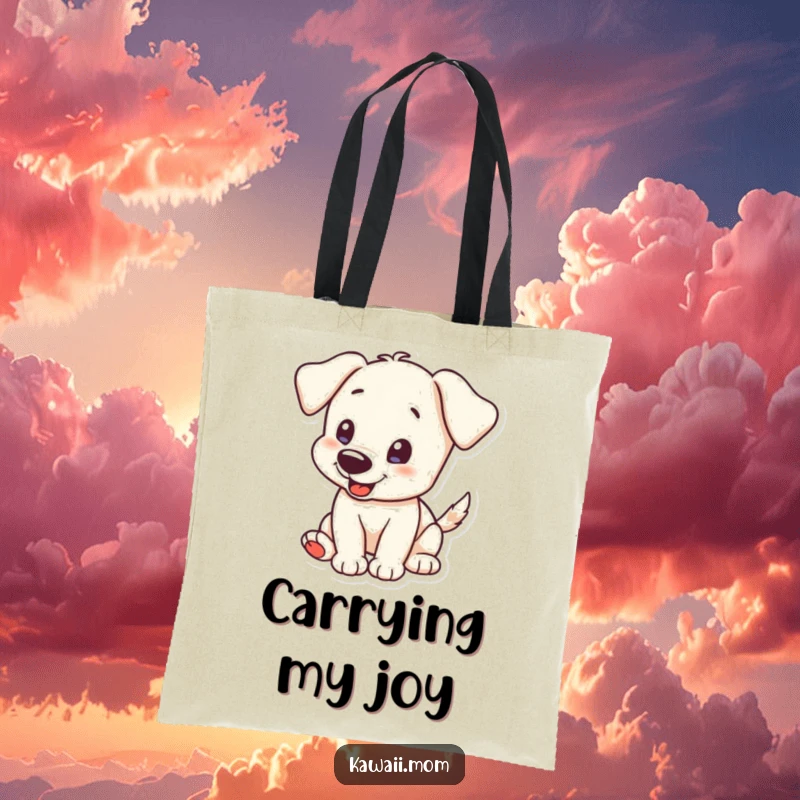 Funny Tote Bag: A curious puppy character with its tail wagging enthusiastically, a joyful and practical accessory.