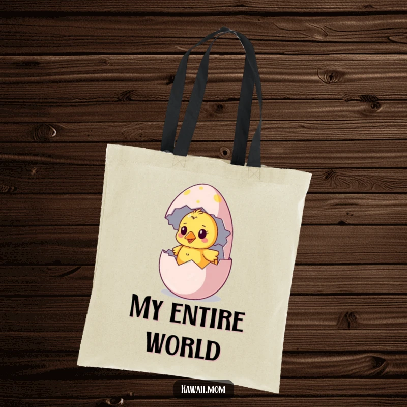 Funny chick tote bag with a curious chick hatching from a colorful egg, perfect for humorous and stylish shopping.